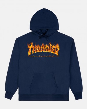 Hoodies Thrasher Magazine Inferno Hoodie Azul Marino Azules | IVD-638240