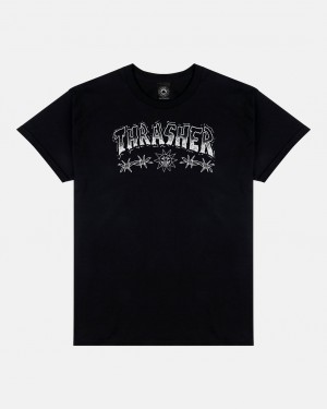 T-Shirts Thrasher Magazine Barbed Wire T-Shirt Negros | BRL-832046