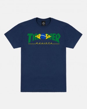 T-Shirts Thrasher Magazine Brazil Revista T-Shirt Azul Marino Azules | KXE-748632