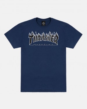 T-Shirts Thrasher Magazine Flame T-Shirt Azul Marino Azules Negros | TOX-170386