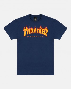 T-Shirts Thrasher Magazine Flame T-Shirt Azul Marino Azules | FJC-437821
