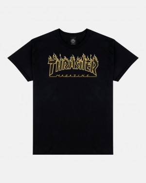 T-Shirts Thrasher Magazine Flame T-Shirt Negros Amarillos | JTO-548273