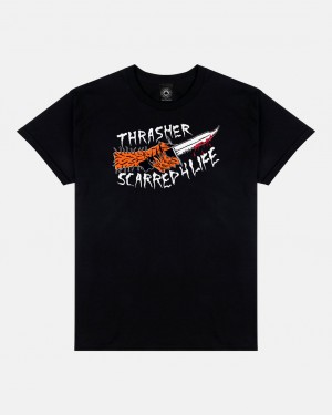 T-Shirts Thrasher Magazine Scarred T-Shirt Negros | TFN-278406