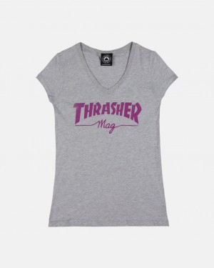 T-Shirts Thrasher Magazine Thrasher Mag V-Neck T-Shirt Grises | YPD-243805