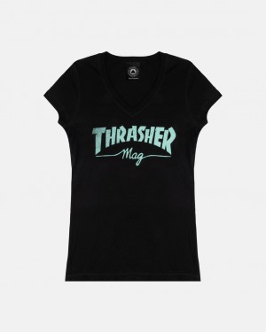 T-Shirts Thrasher Magazine Thrasher Mag V-Neck T-Shirt Negros | IZK-638529