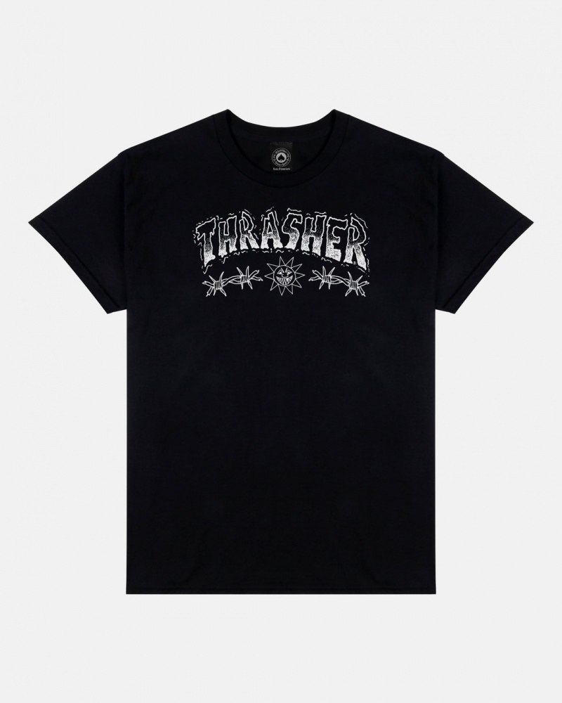 T-Shirts Thrasher Magazine Barbed Wire T-Shirt Negros | BRL-832046