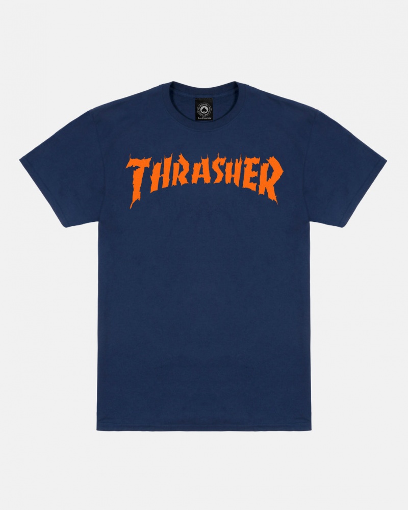 T-Shirts Thrasher Magazine Burn It Down T-Shirt Azul Marino Azules | TIH-240951
