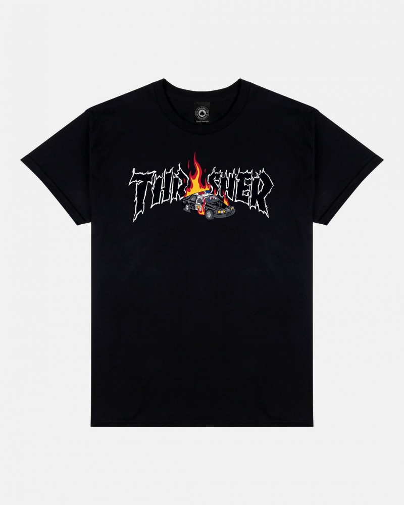 T-Shirts Thrasher Magazine Cop Car T-Shirt Negros | CEM-175863