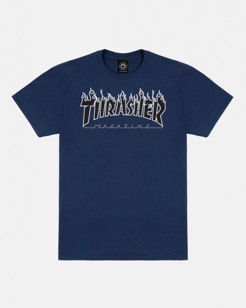 T-Shirts Thrasher Magazine Flame T-Shirt Azul Marino Azules Negros | TOX-170386