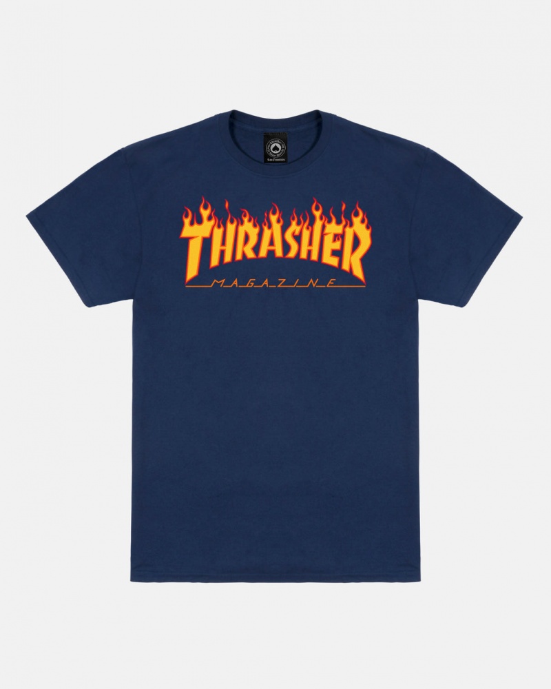 T-Shirts Thrasher Magazine Flame T-Shirt Azul Marino Azules | FJC-437821