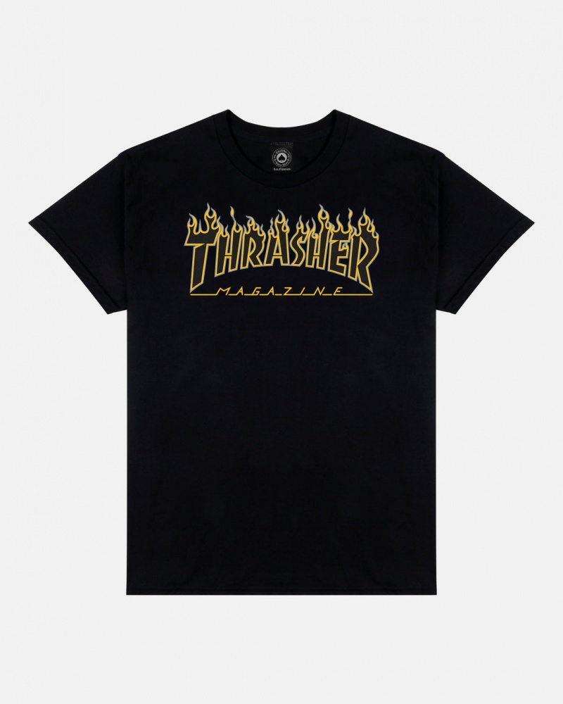 T-Shirts Thrasher Magazine Flame T-Shirt Negros Amarillos | JTO-548273