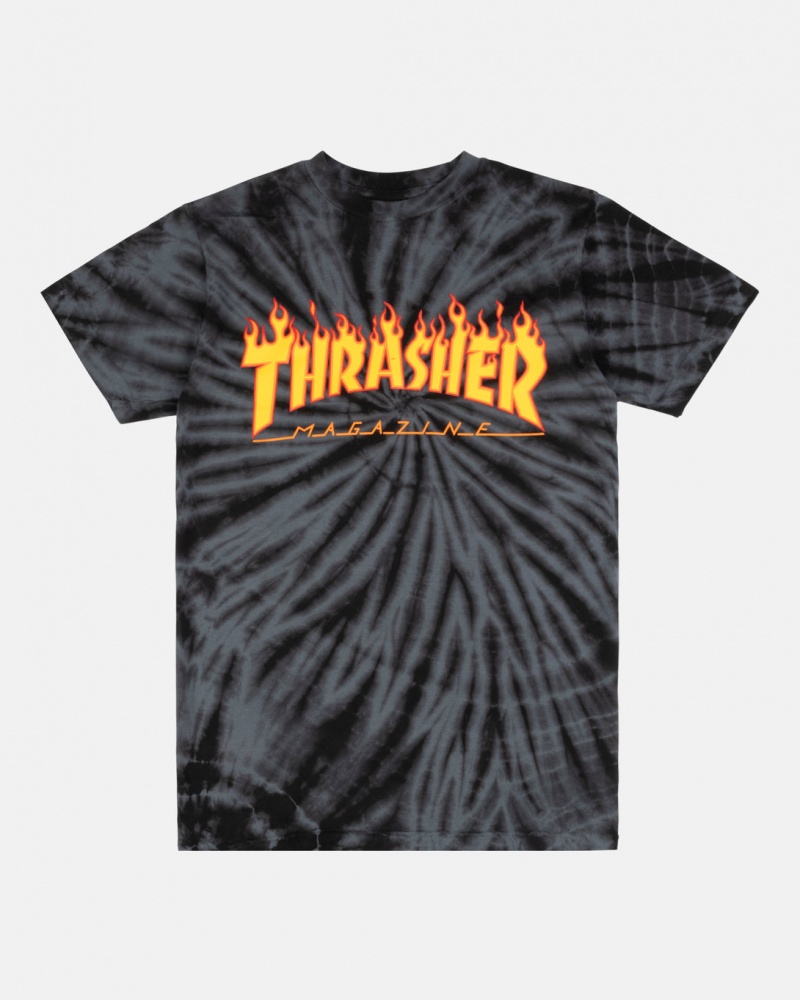 T-Shirts Thrasher Magazine Flame T-Shirt Negros Grises | GAR-142987