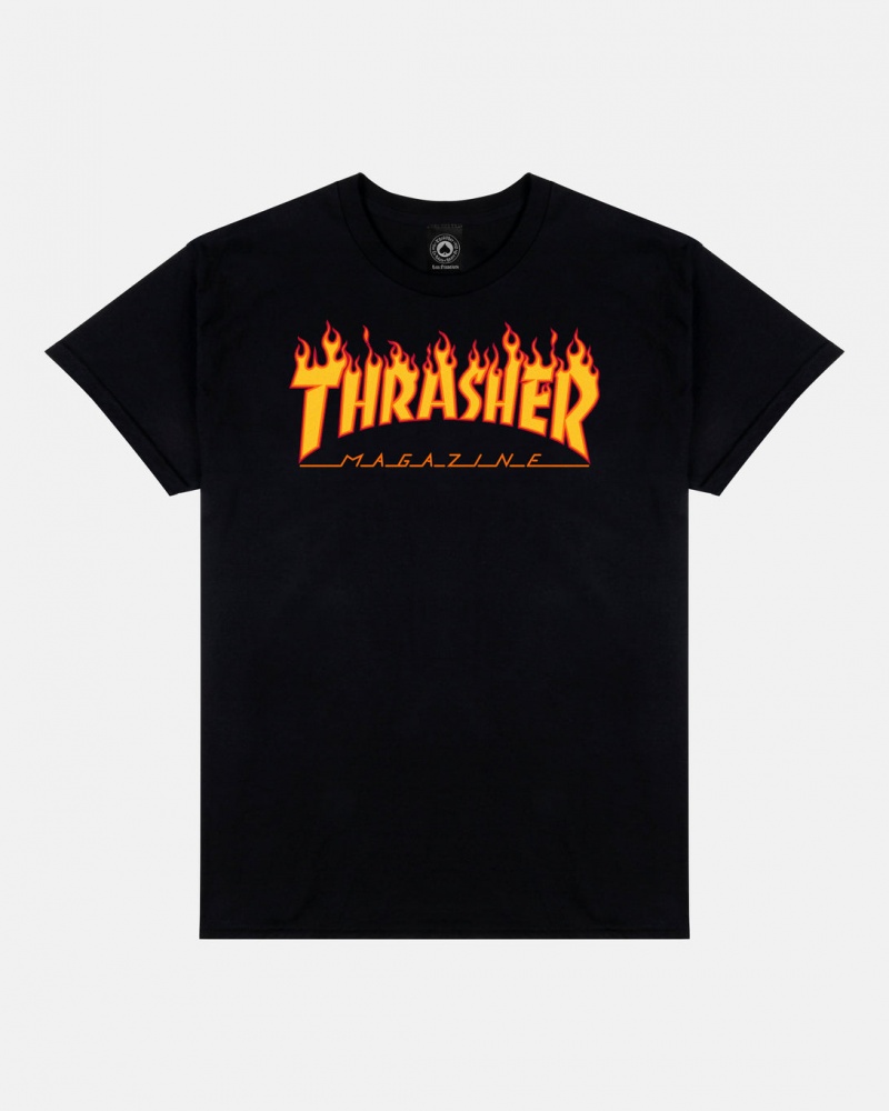 T-Shirts Thrasher Magazine Flame Youth T-Shirt Negros | VXG-263957