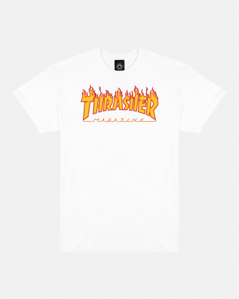 T-Shirts Thrasher Magazine Flame Youth T-Shirt Blancos | QEU-412586