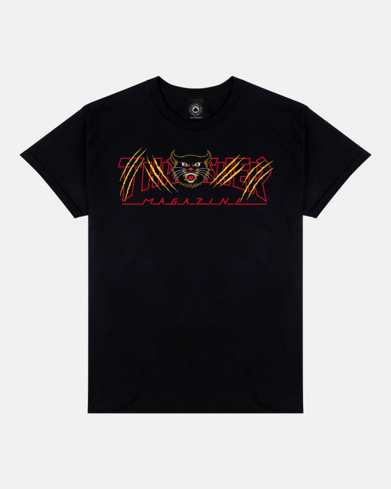 T-Shirts Thrasher Magazine Gato T-Shirt Negros | KDN-802549