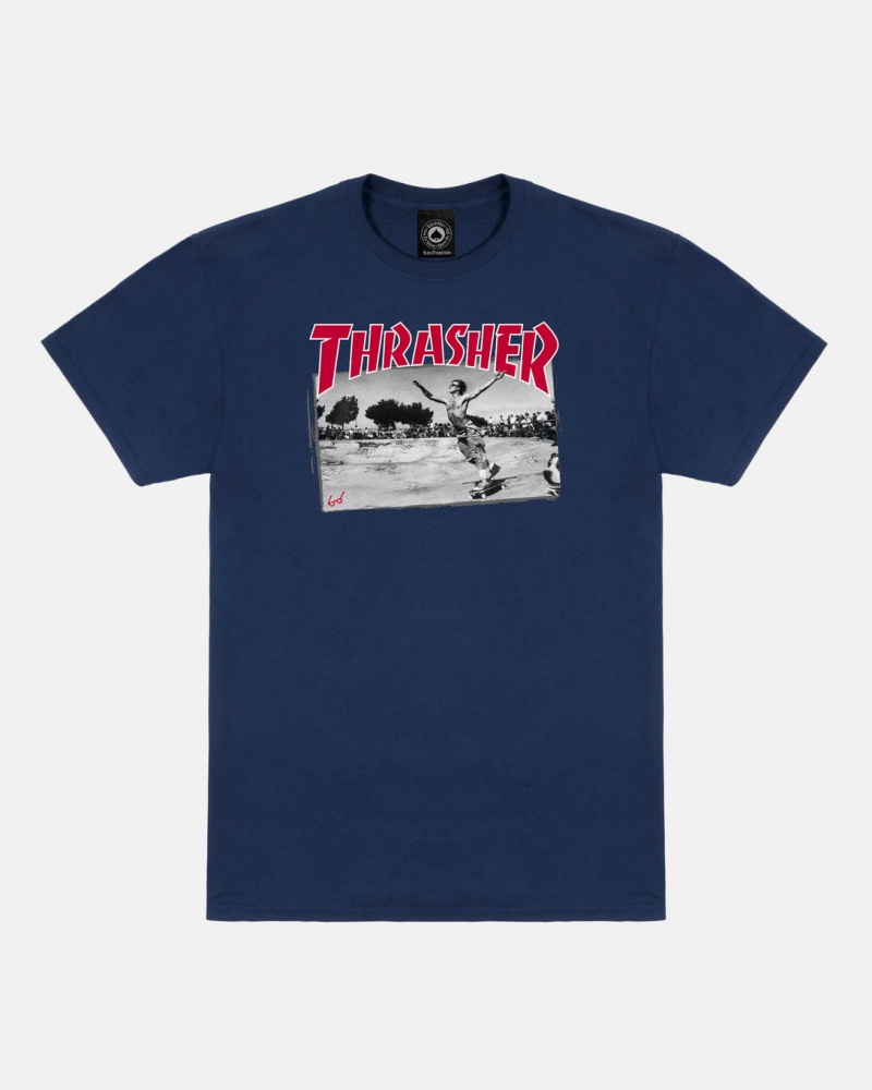 T-Shirts Thrasher Magazine Jake Dish T-Shirt Azul Marino Azules | NPF-782345