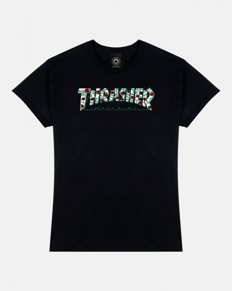 T-Shirts Thrasher Magazine Roses T-Shirt Negros | EVB-056943