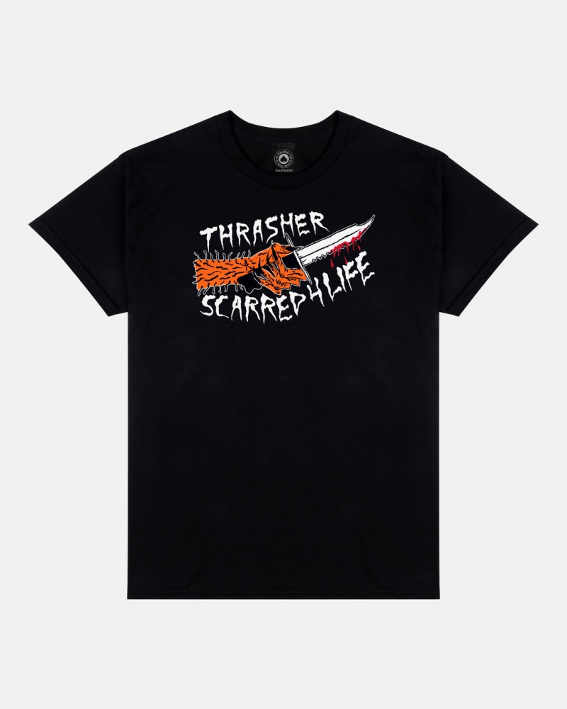 T-Shirts Thrasher Magazine Scarred T-Shirt Negros | TFN-278406