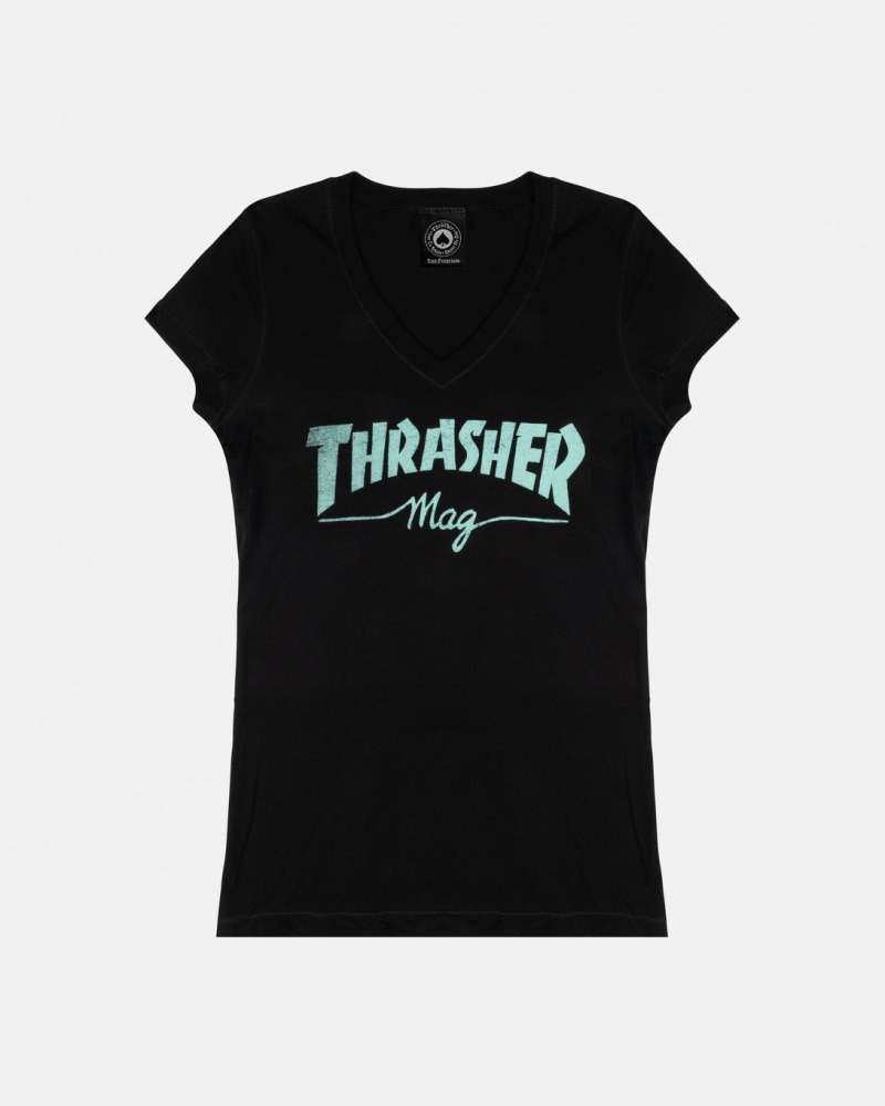 T-Shirts Thrasher Magazine Thrasher Mag V-Neck T-Shirt Negros | IZK-638529